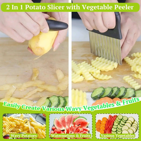 2 In 1 Crinkle Cutter And Peeler For Potatoes And Veggies, Wavy Slicer Chopper For Fries, Carrots, Onions, And Fruits