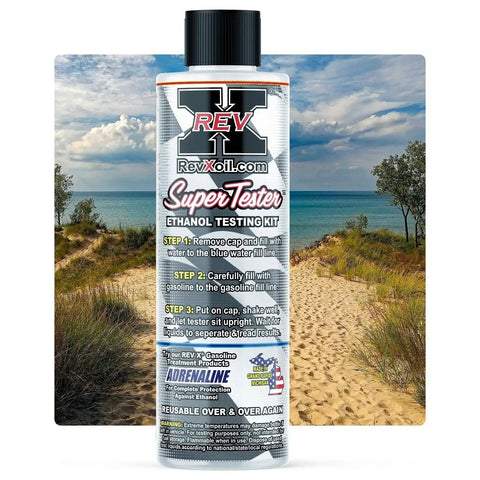 Reusable Gasoline Ethanol Test Kit For Detecting E10 To E90 Ethanol Levels with laminated label on sandy path background