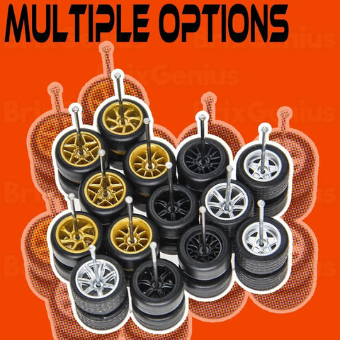 One Sixty Fourth Scale Diecast Wheels And Tires Set For Ten Cars Mixed Random Real Riders Rims And Tires Pack displayed