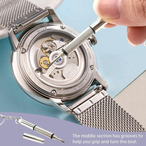 3 In 1 Glasses Repair Kit With Mini Portable Screwdrivers On Keyring in use for watch repair, stainless steel.