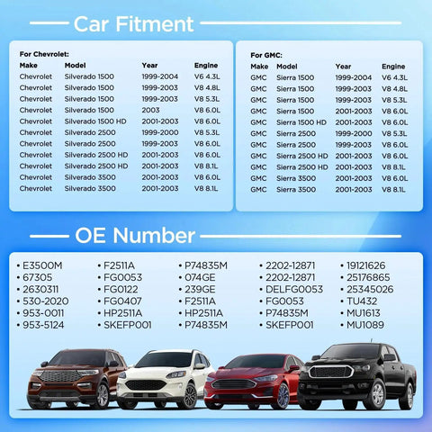 Car fitment and OE number chart with Chevrolet and GMC models. Includes vehicles like Chevy Silverado and GMC Sierra from 1999-2004.