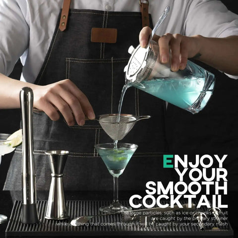 Bartender using 3.3 Inch Fine Mesh Strainer 304 Stainless Steel Cocktail Sieve for crafting blue cocktail at home bar