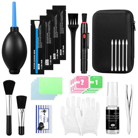 Camera Lens Cleaning Kit For Mirrorless And DSLR With Lens Pen Blower, complete 14-piece set with brushes, blower, wipes, and case