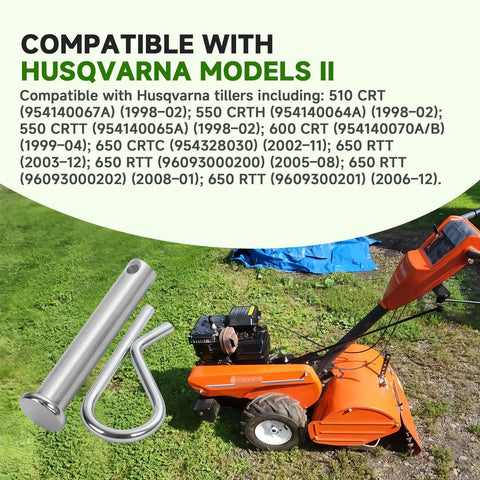 Clevis Pin And Hairpin Clip Kit With Four Pins And Four Clips, Replacement Parts For Tillers Including Husqvarna Poulan Weed Eater Jonsered, Compatible With Select Serial Numbers, Easy Install With Pliers, overlaid on tiller image.