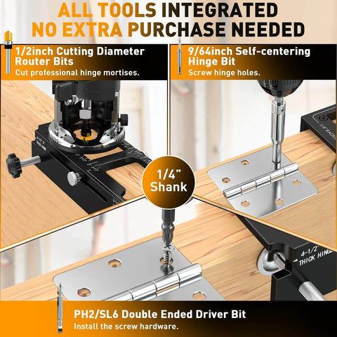 Door Hinge Router Jig For Precise Mortises In Woodworking Aluminum 6061 Template Kit close-up with tools and hinges.
