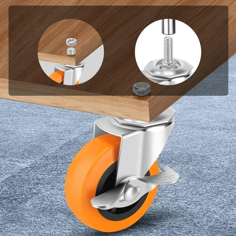Beefy Heavy Duty 3 Inch Caster Wheels Set Of Four With Locking Swivel Casters And Brakes, installed on wooden furniture edge