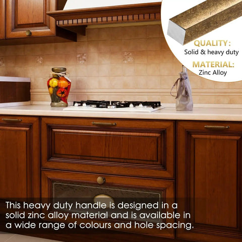Antique Brass Zinc Alloy Cabinet Pulls 3 Inch Hole Center 76mm shown on kitchen cabinets, featuring heavy-duty zinc alloy material.