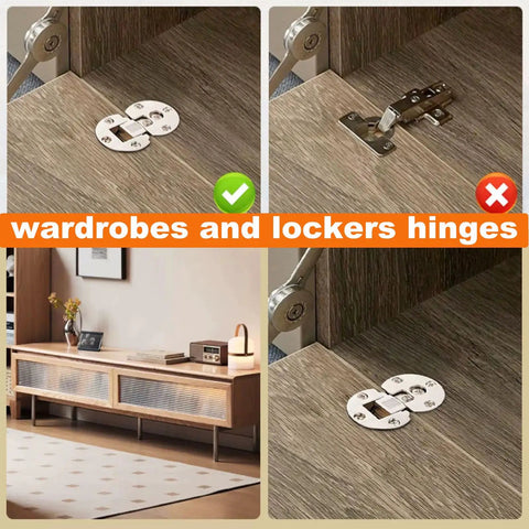 Comparison of wardrobes and lockers hinges, featuring a concealed, soft-closing hinge system in a display setting.