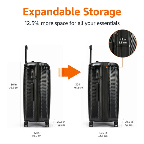 Expandable view of black 30 Inch Hardside Spinner Luggage With TSA Lock, Lightweight Expandable Suitcase, Scratch-Resistant Exterior, 97 Liter Capacity.