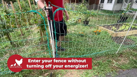 Electric Poultry Netting Accessory Set with 0.6 Joule Fence Charger and Gate Handle Kit used in a garden setup.