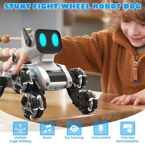 Child playing with Dynamic Eight Wheel Robot Dog RC Stunt Car with Gesture Sensing Remote and RGB LED Eyes indoors.