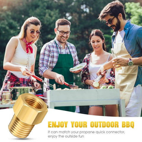 Group enjoying outdoor BBQ with Propane Fitting Adapter Set 1/4 Inch NPT Male To Inverted Flare Female Brass Connector for gas lines displayed.
