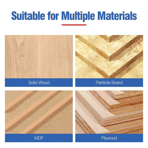 Image showing materials suitable for use with Four Piece Roundover Router Bit Set: solid wood, particle board, MDF, and plywood.
