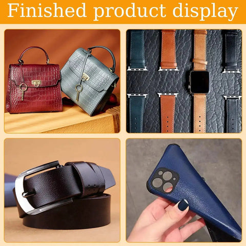 Display of leather crafts and products including bags, belts, and phone case, related to 5 Size Leather Hole Punch Set With Hollow Punch Cutter