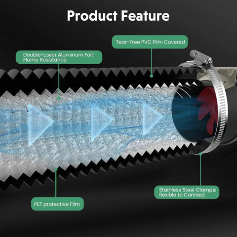 4 Inch Insulated Flexible Dryer Vent Hose 25 Feet With 2 Clamps showing layer structure with stainless steel clamp