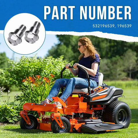 Two Pack Shoulder Bolts 532196539 for Husqvarna riding mower deck and chassis installation, shown next to woman on mower