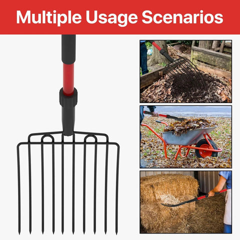 Wide 10 Tine Garden Pitch Fork With Carbon Steel Tines And Fiberglass Handle 44 Inch Red Heavy Duty Pitch Fork For Mulching Compost Manure Chicken Coops Gardens And Farm Cleanup