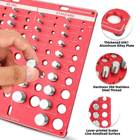 Pro Grade Nut And Bolt Thread Checker Gauge Kit With 42 Size Guide For Fasteners, showing metric and standard thread sizes on red plate