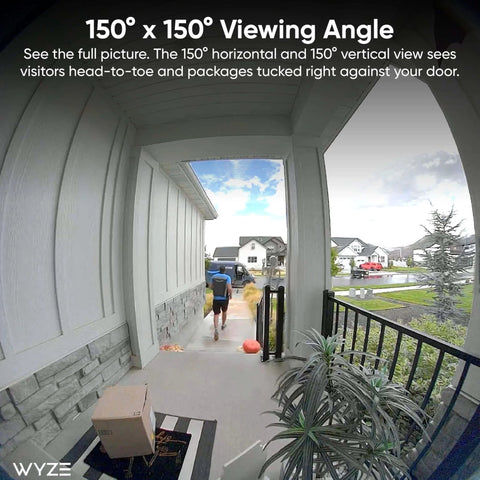 Entrance view showing 150° wide-angle from Battery Video Doorbell Wireless Camera Cordless With 1 To 1 Head To Toe View And Color Night Vision 150 Degree Ultra Wide Field Of View 2 Way Audio Monitors People Vehicles Packages Wire Free Or Wired.