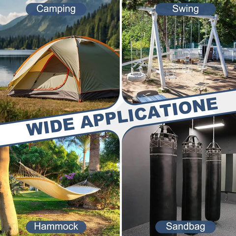 Collage showing camping tent, swing, hammock, and sandbags illustrating wide application for outdoor and indoor activities.