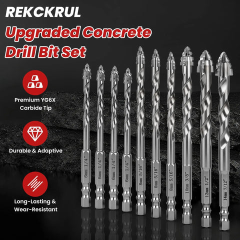 Upgraded Premium Masonry Drill Bit Set With Serrated Tungsten Carbide Tips Ten Piece Heavy Duty Professional Grade For Concrete Brick Tile Ceramic Stone Glass Wood And Plastic One Quarter To Nine Sixteenths Inch Hex Shank displayed in a row