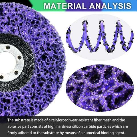 Close-up of purple paint stripper disc with reinforced fiber mesh for 4-1/2 inch angle grinder, part of 12 Pack Paint Stripper Discs for Angle Grinder 4-1/2 Inch Diameter 7/8 Inch Bore 5/8 Inch Thick Color Coded Heavy Duty Pro Grade Set for Multi-Surface Rust Paint and Oxide Removal On Metal and Wood.
