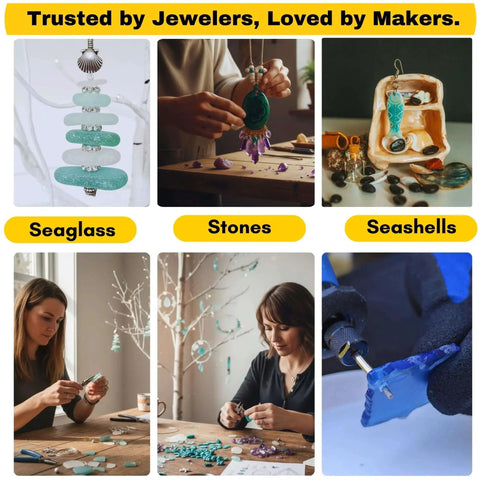 Jewelers using Diamond Drill Bit Set For Stone And Glass 30 Piece Kit with various materials like seaglass and stones.