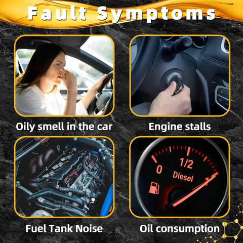 Collage showing symptoms of a faulty fuel pump: oily smell, engine stalls, fuel tank noise, and oil consumption gauge.
