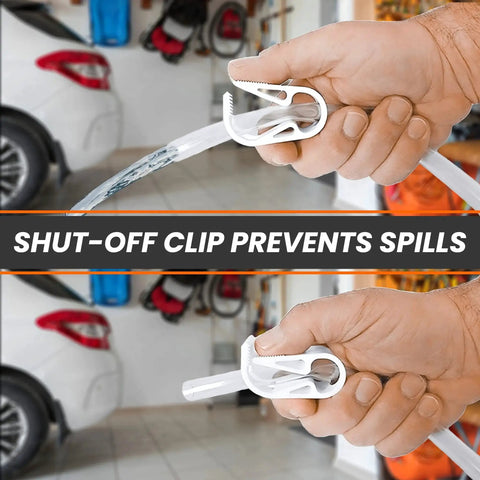Hands holding the Portable Hand Fuel Transfer Pump Siphons Gasoline And Diesel Fast Up To Three Point Five Gallons Per Minute With Nine Foot Hose Brass Tip Weight And Pinch Clip Go To Gear For Cars Boats Mowers And Home Emergency Use with shut-off clip in a garage.