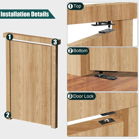 Installation details of heavy duty hidden door pivot hinge for 360 degree rotation, 573 lb load bearing, stainless steel concealed door hardware by Tuykay, 304 stainless steel, rust resistant and built tough for bookcase doors.