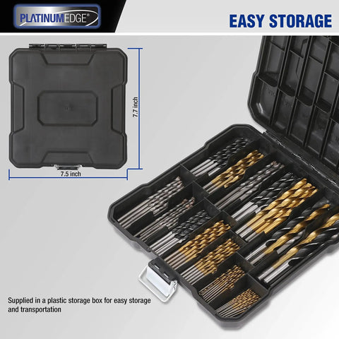 All In One 140 Piece Drill Bit Set With 88 Titanium Twist Bits 26 Masonry Bits And 26 Brad Point Bits For Wood Metal Concrete In A Hard Storage Case For Builders And DIYers shown in open and closed case with dimensions visible.