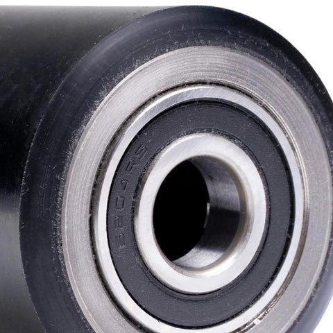 Close-up of Beefy Heavy Duty Pallet Jack Wheels Set 2 Pcs, 3 By 3.75 Inches, 20mm Bore, Poly Tread on Steel, Black Finish