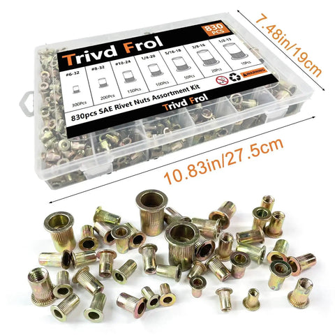 Rivet Nut Kit 830 Pieces SAE and Metric Flat Head Assortment with various sizes, zinc-plated steel in a clear case.
