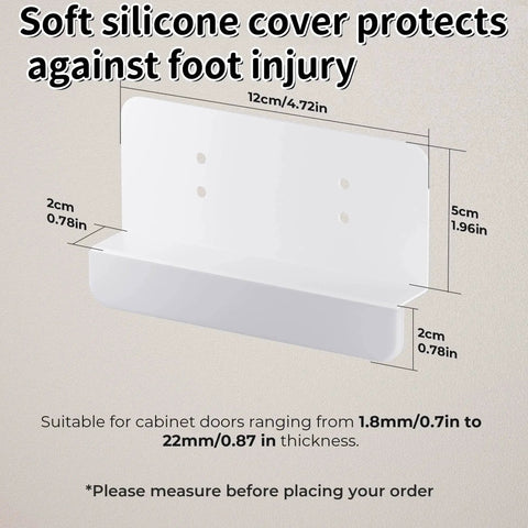 Dimensions of Under Cabinet Foot Pull Hands Free Trash Drawer Opener with Adhesive Strips and Screws, showing 12cm width and 2cm thickness