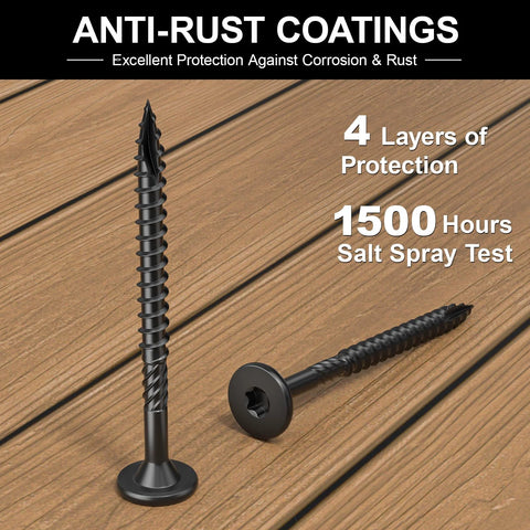 Beefy Workhorse Heavy Duty Outdoor Wood Screws 6 Inch Torx Star Drive Black Finish For Timber Decking Landscaping Log And Lumber Rust Resistant All Weather Fasteners For ACQ Treated Wood Pack Of 100 shown with anti-rust coating features.