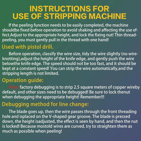 Instructions for using manual wire stripping tool for copper wire with pistol drill, including setup and operation tips.