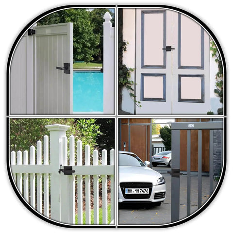 Rugged Matte Black Gate Latch with Double Sided Self-Locking Aluminum Hardware installed on various outdoor gates and fences.