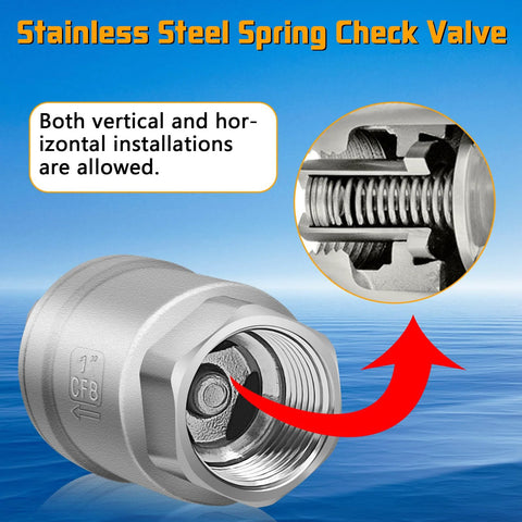 1-inch stainless steel spring check valve (CF8/304) with internal spring; cross-section inset