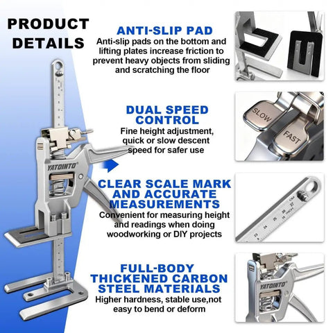 Two Pack Heavy Duty Furniture Lift Jacks With Anti Slip Pads 6 Inch Lift 440 Lb Weight Capacity Slow And Fast Descent For Easy Precise Lifting Of Beds Cabinets Windows And Doors Easy Install Silver, showing product details with anti-slip pads and dual speed control.