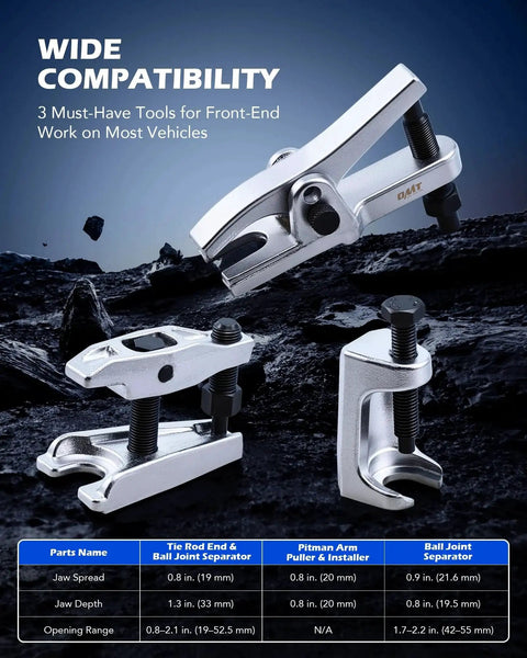 Ball Joint Separator And Pitman Arm Puller Set For Front End Service 3 Piece displayed on a dark surface