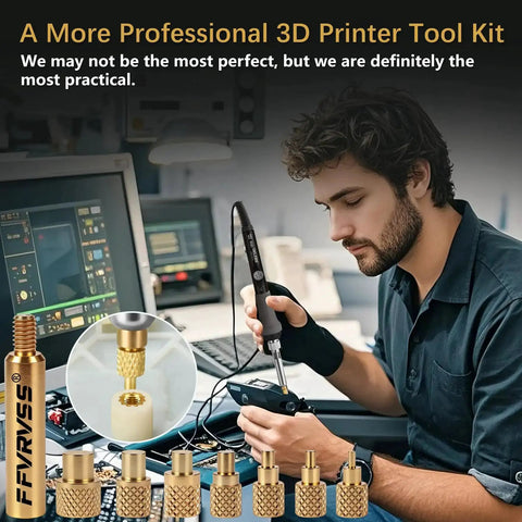 7 Piece Soldering Tips And Heat Set Insert Kit For Thread Inserts M2 To M8 Soldering Iron Adapter For 900M T18 FX 888D Budget Friendly Plastic 3D Printer Tools Set shown with a person using a soldering iron, various tips highlighted below.