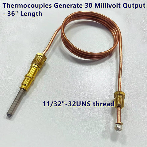 Thermocouple assembly with copper tubing and brass fittings, 11/32-32UNS thread, sensor tip on left.