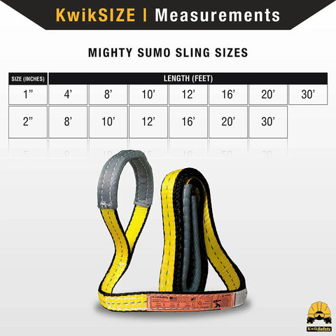 Front view of Mighty Sumo 1in x 8ft poly web lifting strap, yellow/black for rigging