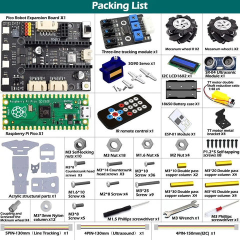Packing list for 4WD Omni Directional Mecanum Wheels Robotic Car Kit For Raspberry Pi Pico MicroPython DIY STEM Remote Controlled Educational Robot with LCD1602 Display