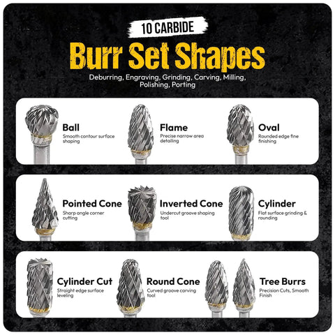 Image showing a 10-piece tungsten carbide burr set with various shapes for deburring, engraving, and grinding.