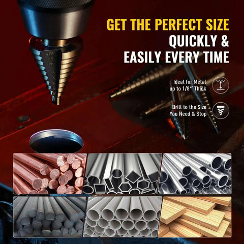 Image showing Titanium Coated HSS Step Drill Bit Set with 50 Sizes in 5 Unibits used for sheet metal and aluminum, quick clean holes.