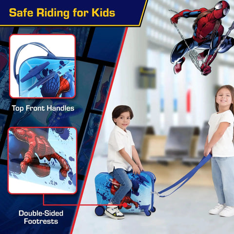 Child riding Spider-Man 19 Inch Kids Carry On Luggage With Spinner Wheels Ride On Hardshell Suitcase For Travel Blue Marvel Licensed