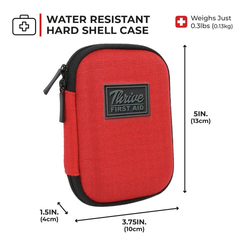 Mini First Aid Kit For Travel And Adventure By Thrive, 66 Piece Red Shell Waterproof Compact Set shown in hard case with size dimensions.