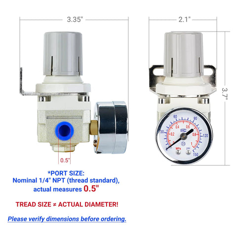 Two-view EcuoPix air pressure regulator for compressors with 0-150 PSI gauge and 1/4 in NPT port, bracket