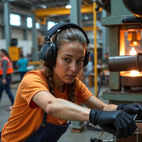 Woman wearing Ultra Comfy 37 Db NRR Safety Ear Muffs For Shooting And Industry Work, operating machinery in a workshop.